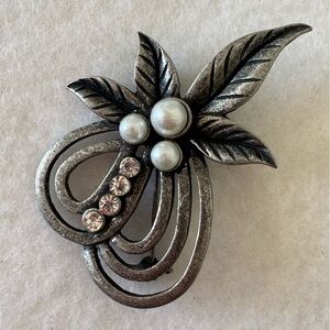 Vintage Silver Metal Faux Pearl Faux Diamond Contemporary Leaf Brooch Pin
